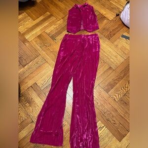 2 piece crinkle velvet Hot Pink suit